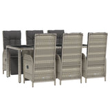 7 Piece Garden Dining Set with Cushions Grey Poly Rattan - Side View