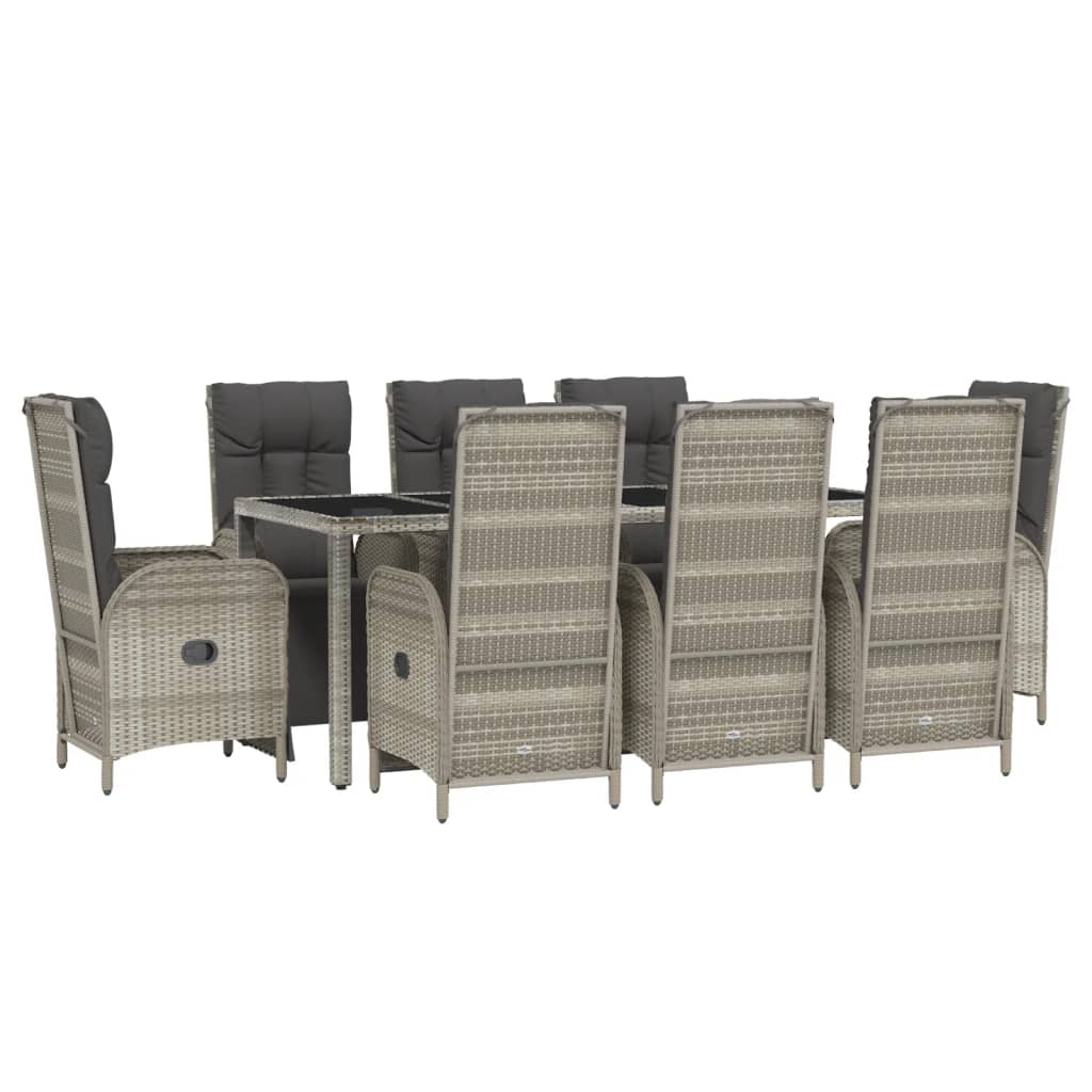 9 Piece Garden Dining Set with Cushions Grey Poly Rattan