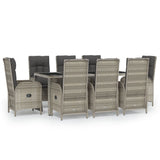 9 Piece Garden Dining Set with Cushions Grey Poly Rattan - Front View