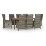 9 Piece Garden Dining Set with Cushions Grey Poly Rattan - Front View