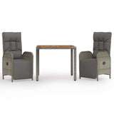 3 Piece Garden Dining Set with Cushions Grey Poly Rattan
