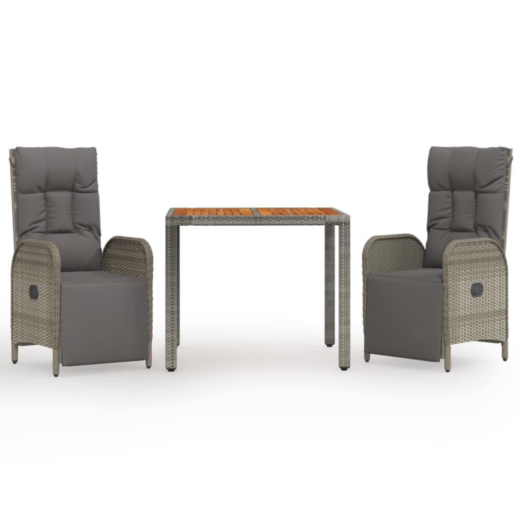 3 Piece Garden Dining Set with Cushions Grey Poly Rattan