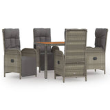 5 Piece Garden Dining Set with Cushions Grey Poly Rattan - Front View