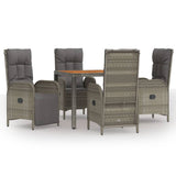 5 Piece Garden Dining Set with Cushions Grey Poly Rattan - Front View