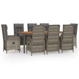 9 Piece Garden Dining Set with Cushions Grey Poly Rattan - Front View