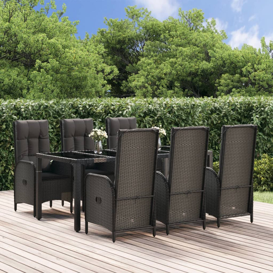7 Piece Garden Dining Set with Cushions Black&Grey Poly Rattan