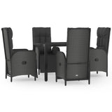 5 Piece Garden Dining Set with Cushions Black Poly Rattan - Front View