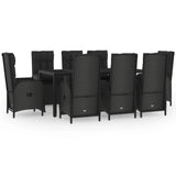 9 Piece Garden Dining Set with Cushions Black Poly Rattan - Front View