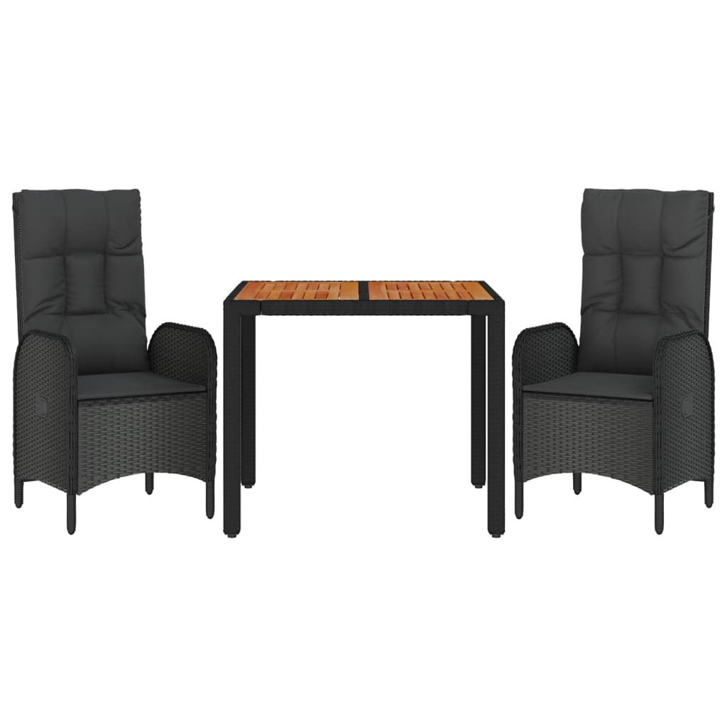 3 Piece Garden Dining Set with Cushions Black Poly Rattan