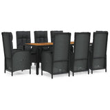 9 Piece Garden Dining Set with Cushions Black Poly Rattan - Front View