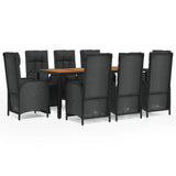 9 Piece Garden Dining Set with Cushions Black Poly Rattan - Front View