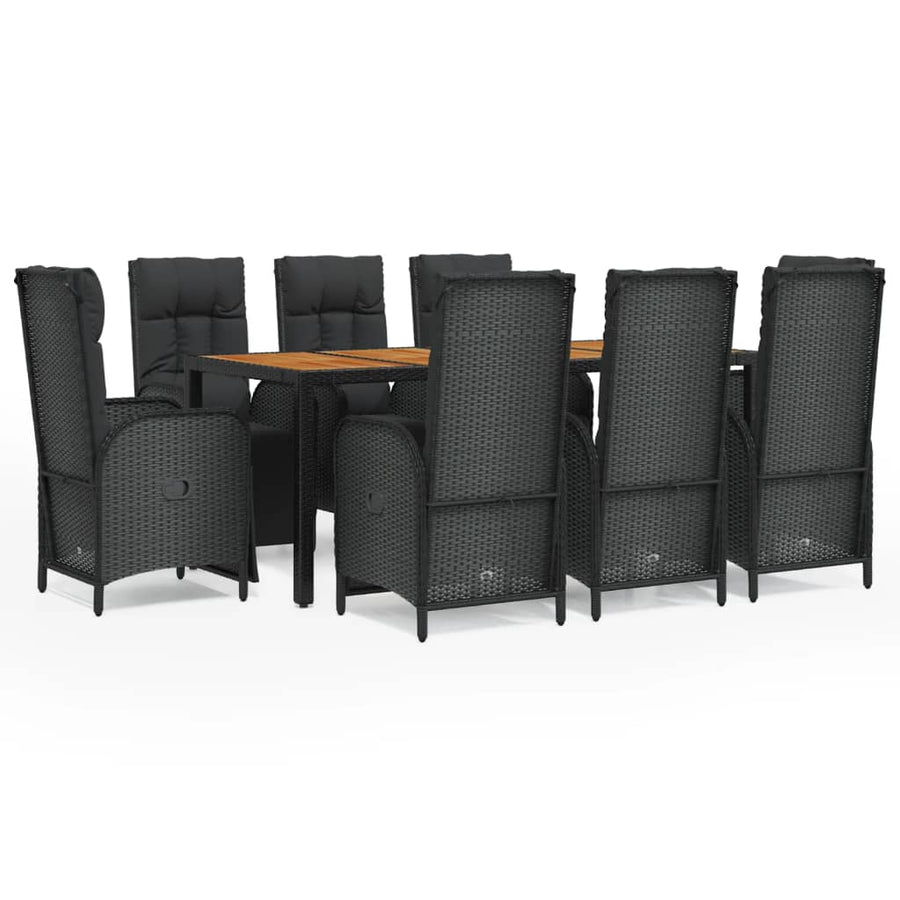 9 Piece Garden Dining Set with Cushions Black Poly Rattan