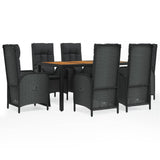 7 Piece Garden Dining Set with Cushions Black Poly Rattan - Front View