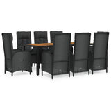 9 Piece Garden Dining Set with Cushions Black Poly Rattan - Front View