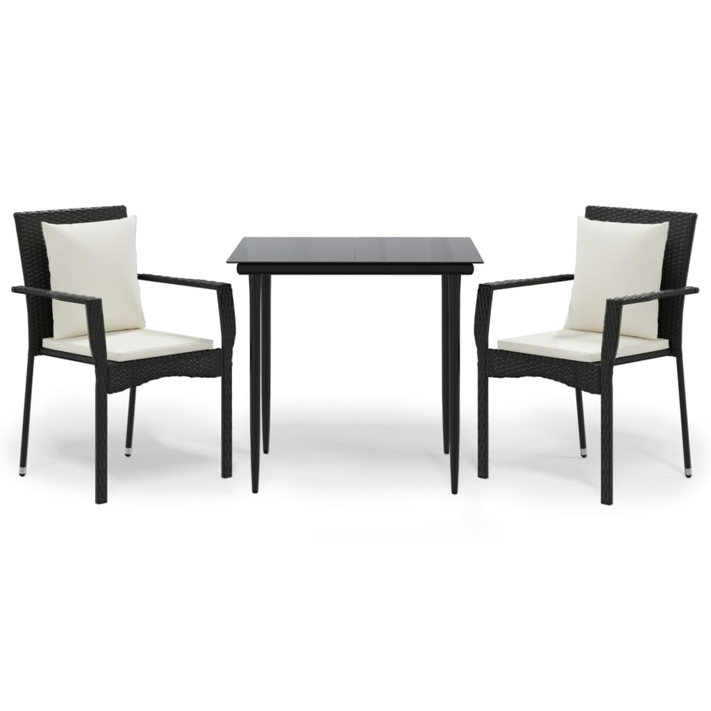 3 Piece Garden Dining Set with Cushions Black Poly Rattan