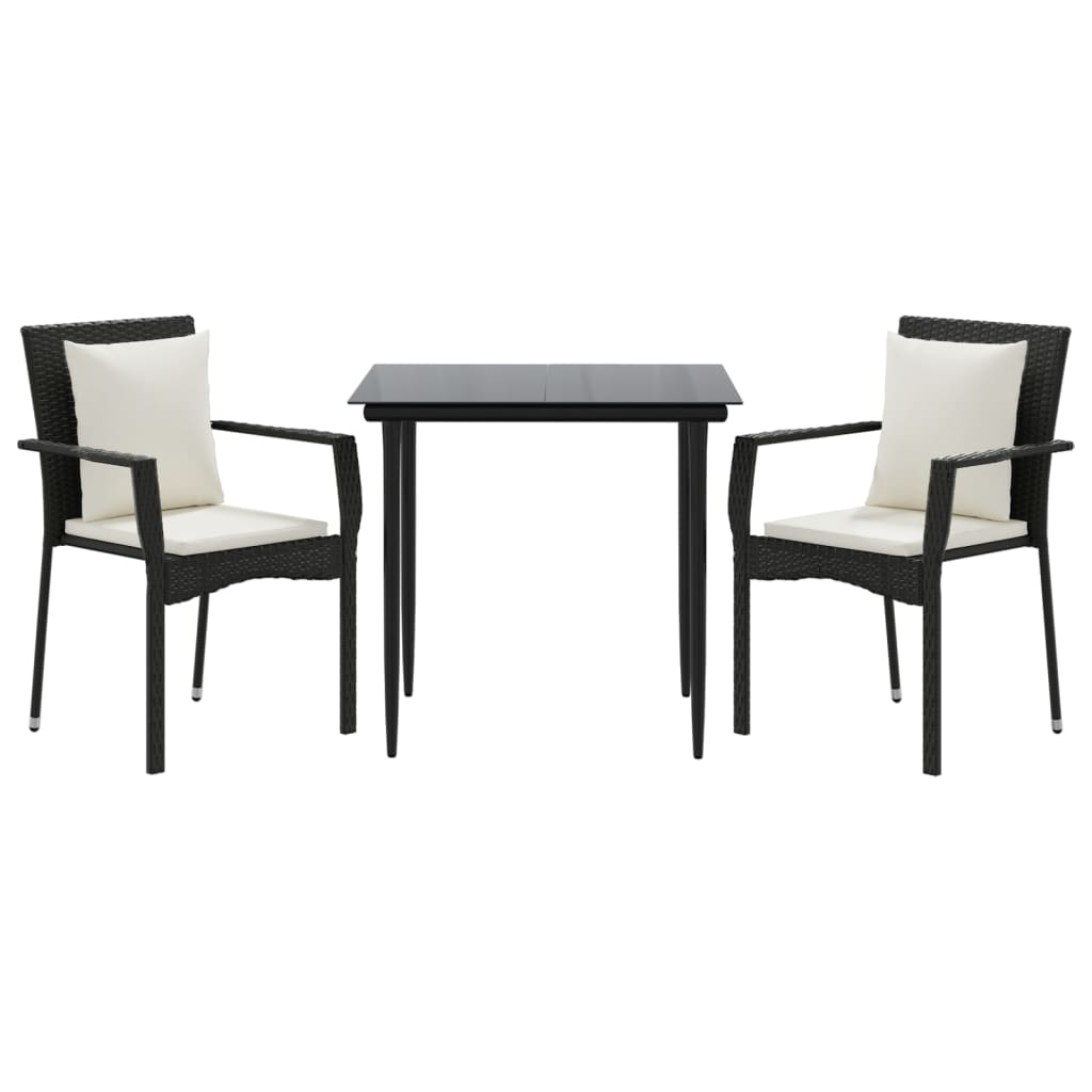 3 Piece Garden Dining Set with Cushions Black Poly Rattan