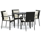 5 Piece Garden Dining Set with Cushions Black Poly Rattan - Front View