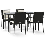 5 Piece Garden Dining Set with Cushions Black Poly Rattan - Front View