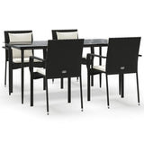 5 Piece Garden Dining Set with Cushions Black Poly Rattan - Front View