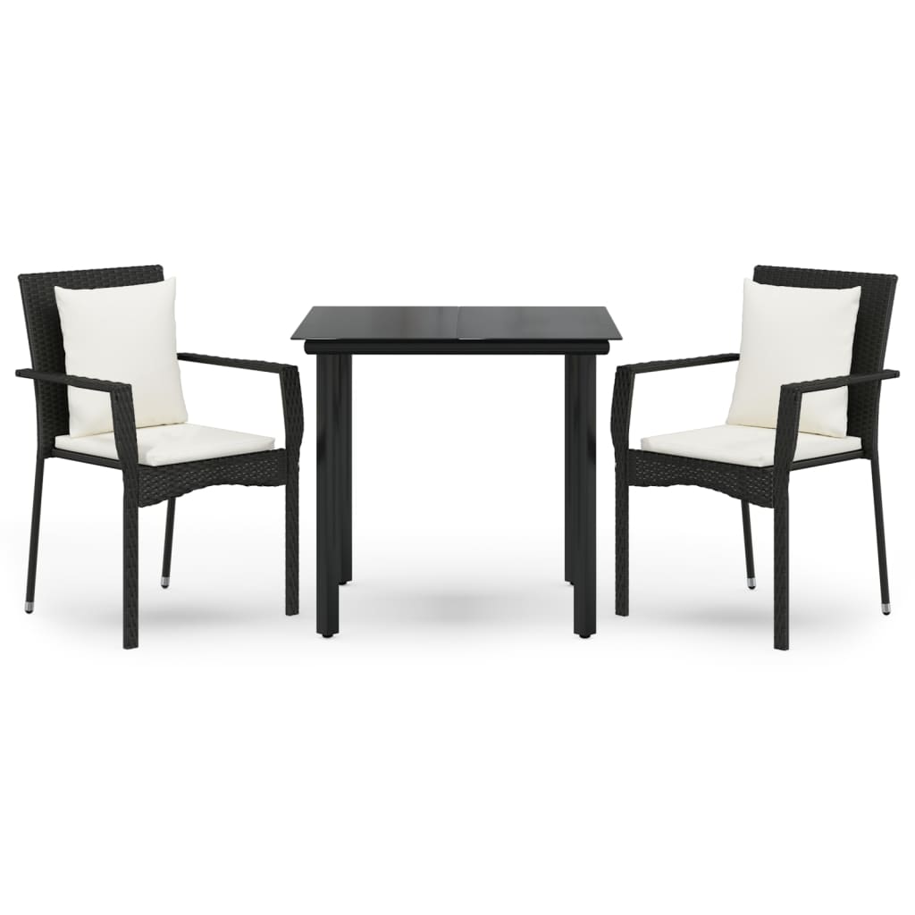 3 Piece Garden Dining Set with Cushions Black Poly Rattan