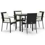 5 Piece Garden Dining Set with Cushions Black Poly Rattan - Front View
