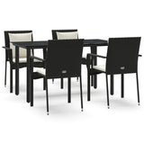 5 Piece Garden Dining Set with Cushions Black Poly Rattan - Front View