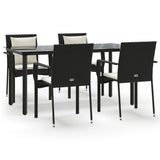 5 Piece Garden Dining Set with Cushions Black Poly Rattan - Front View