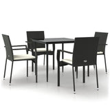 5 Piece Garden Dining Set with Cushions Black Poly Rattan - Front View