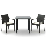 3 Piece Garden Dining Set with Cushions Black Poly Rattan - Front View