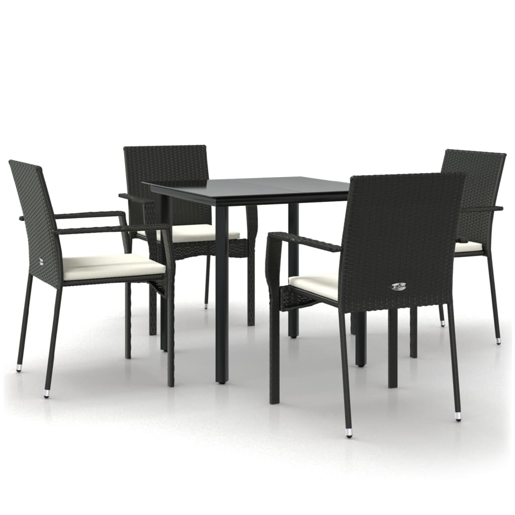 5 Piece Garden Dining Set with Cushions Black Poly Rattan
