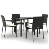 5 Piece Garden Dining Set with Cushions Black Poly Rattan - Front View