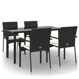 5 Piece Garden Dining Set with Cushions Black Poly Rattan - Front View