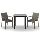 3 Piece Garden Dining Set with Cushions Black and Grey Poly Rattan - Front View