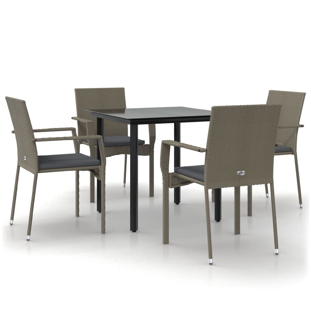 5 Piece Garden Dining Set with Cushions Black and Grey Poly Rattan