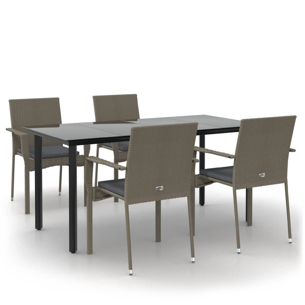 5 Piece Garden Dining Set with Cushions Black and Grey Poly Rattan
