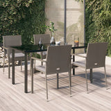 5 Piece Garden Dining Set with Cushions Black and Grey Poly Rattan