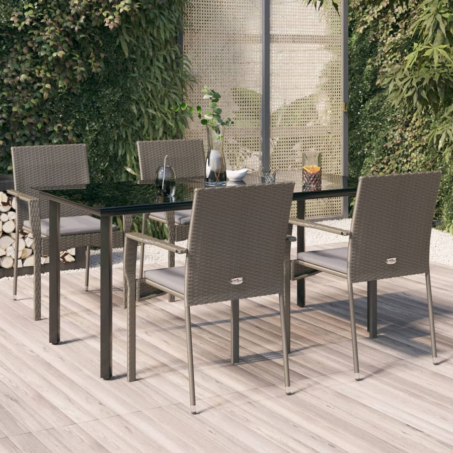 5 Piece Garden Dining Set with Cushions Black&Grey Poly Rattan