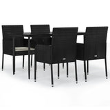 5 Piece Garden Dining Set with Cushions Black Poly Rattan - Front View