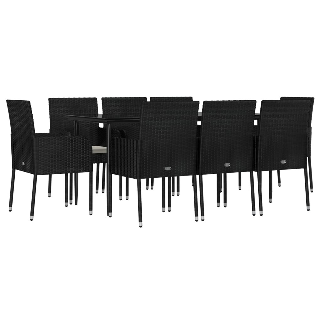 9 Piece Garden Dining Set with Cushions Black Poly Rattan