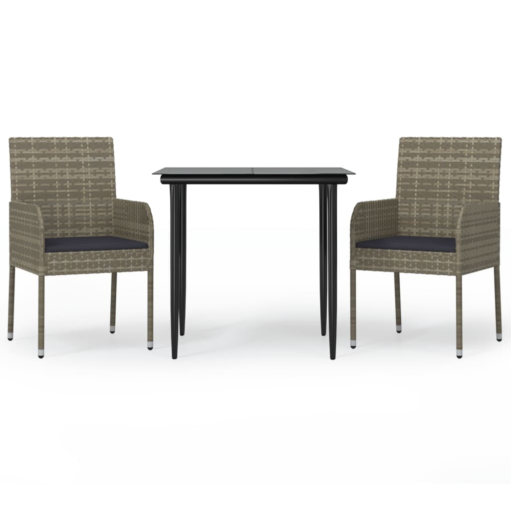 3 Piece Garden Dining Set with Cushions Black and Grey Poly Rattan