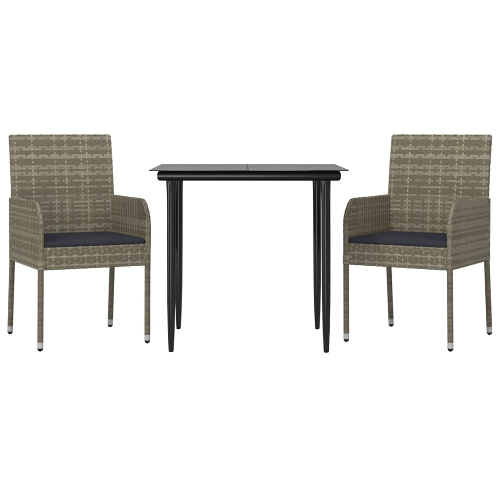 3 Piece Garden Dining Set with Cushions Black and Grey Poly Rattan