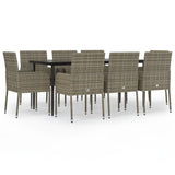 9 Piece Garden Dining Set with Cushions Black and Grey Poly Rattan - Front View
