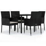 5 Piece Garden Dining Set with Cushions Black Poly Rattan - Front View
