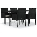 5 Piece Garden Dining Set with Cushions Black Poly Rattan - Front View
