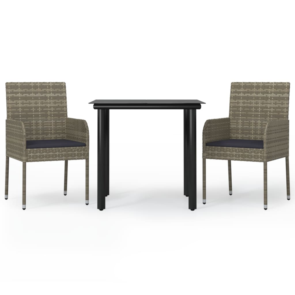 3 Piece Garden Dining Set with Cushions Black and Grey Poly Rattan