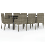 9 Piece Garden Dining Set with Cushions Black and Grey Poly Rattan - Front View