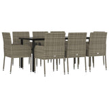 9 Piece Garden Dining Set with Cushions Black and Grey Poly Rattan