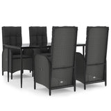 5 Piece Garden Dining Set with Cushions Black Poly Rattan - Front View