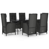 7 Piece Garden Dining Set with Cushions Black Poly Rattan - Front View