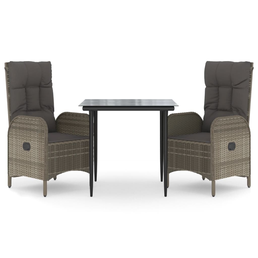 3 Piece Garden Dining Set with Cushions Black and Grey Poly Rattan